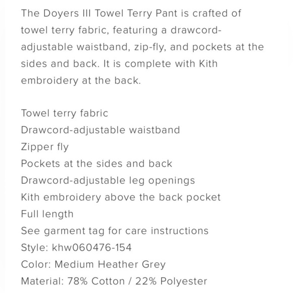 Kith Women Doyers III Towel Terry Pant Medium Zip Fly Drawstring Ankles NWT - Picture 4 of 11